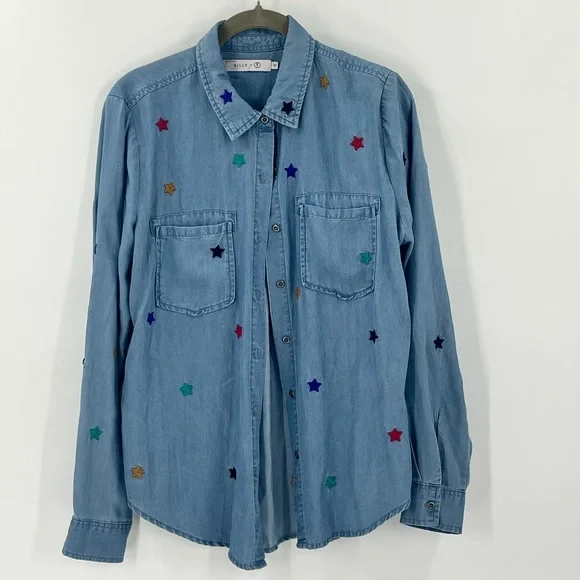 Billy T denim button shirt with embroidered stars. Size small. Gently used. - Picture 1 of 3